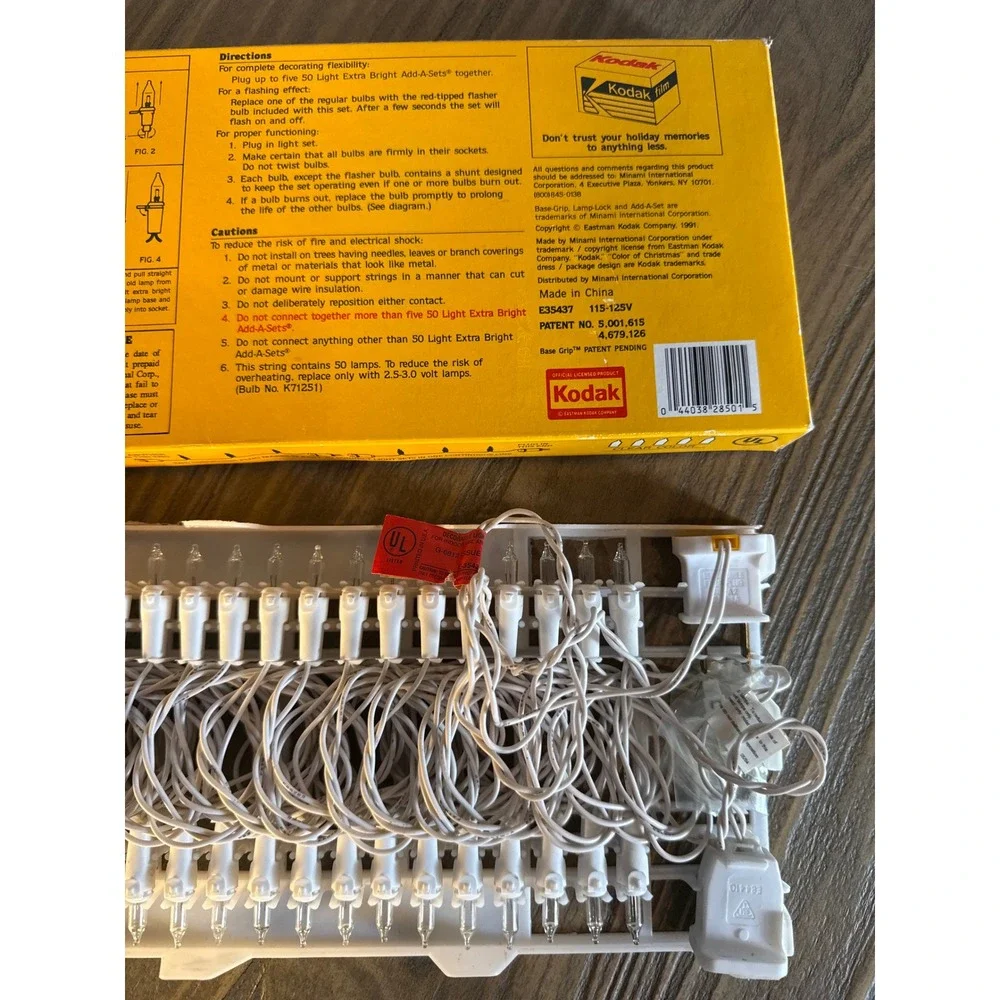 Vintage 1991 Kodak Christmas Lights 50 Count Clear White Wire Add-A-Set Open Box